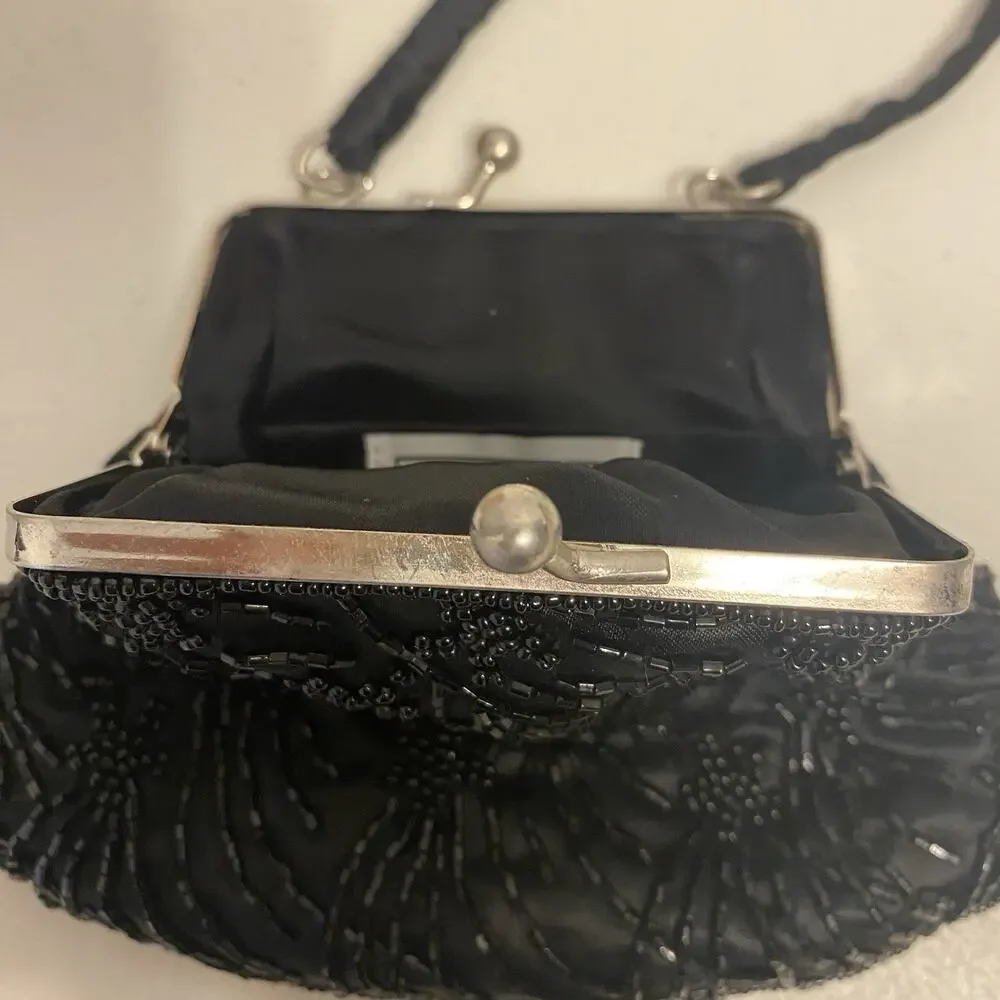 Vtg Hand Sequins Beaded Silky Black Evening Mini Bag Whimsigoth Party Cocktail